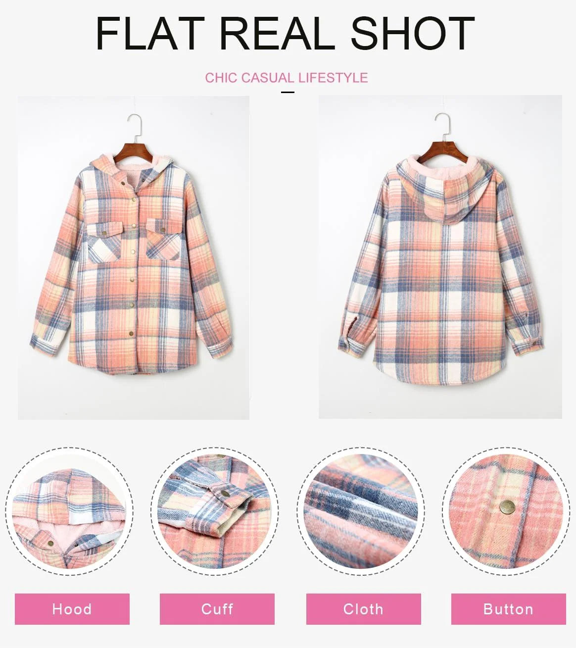 Shacket for Women Casual Plaid Hooded Jacket Long Sleeve Button down Fleece Coat Outerwear Pink L