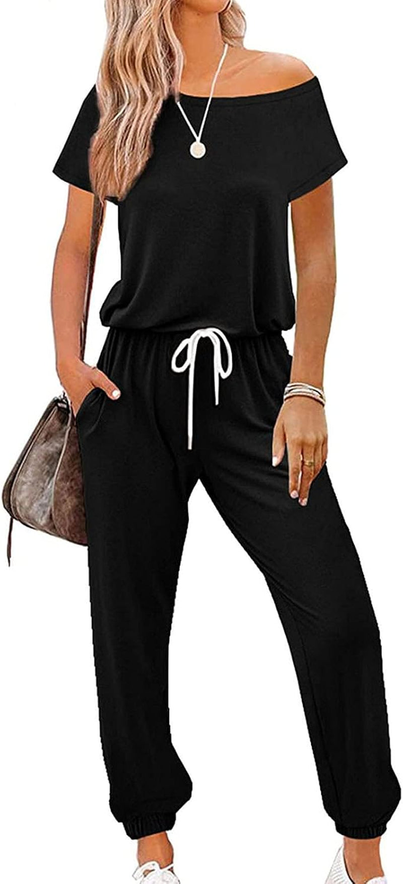 Jumpsuits for Women Black Casual Summer Short Sleeve off Shoulder Loose Elastic Drawstring Waist Rompers with Pockets