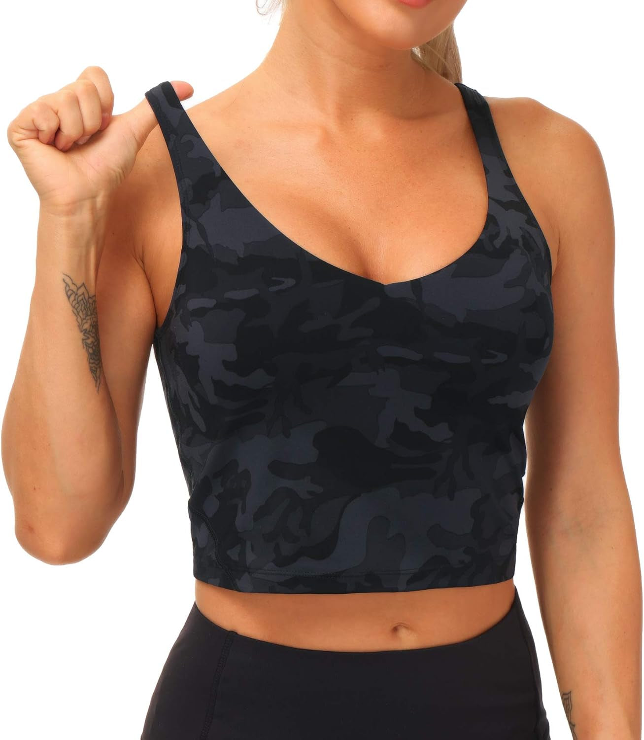 Womens Camo Longline Sports Bra Wirefree Padded Medium Support Yoga Bras Gym Running Workout Tank Tops