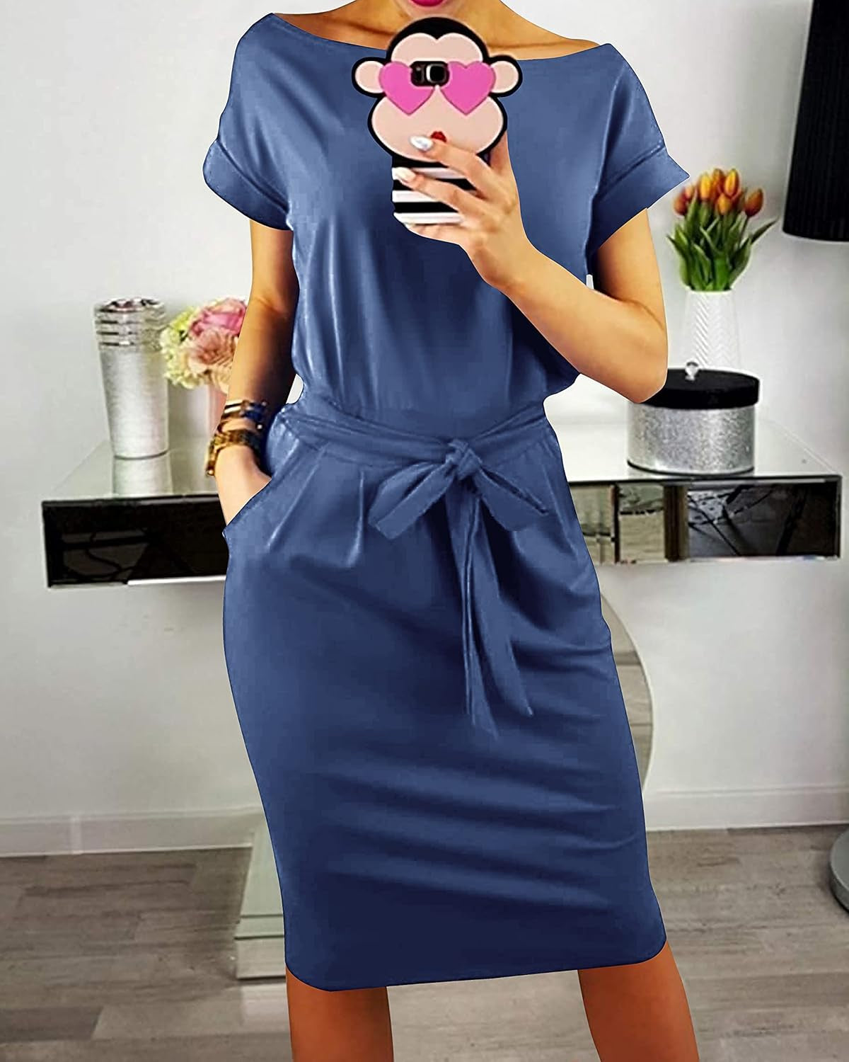 Women'S Summer Short Sleeve Crewneck Striped Dress Basic Solid Tie Waist Office T Shirt Dresses Pockets