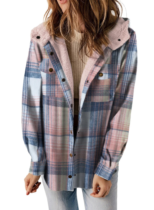 Shacket for Women Casual Plaid Hooded Jacket Long Sleeve Button down Fleece Coat Outerwear Pink L