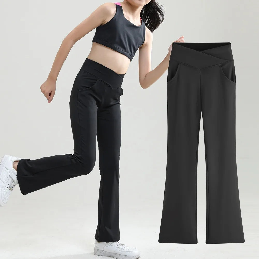 Girl'S Leggings Sport Cross Waist Flare Pants Yoga Preppy Clothes 10-12 Y Child Dance Running Black Bell Bottoms with Pockets