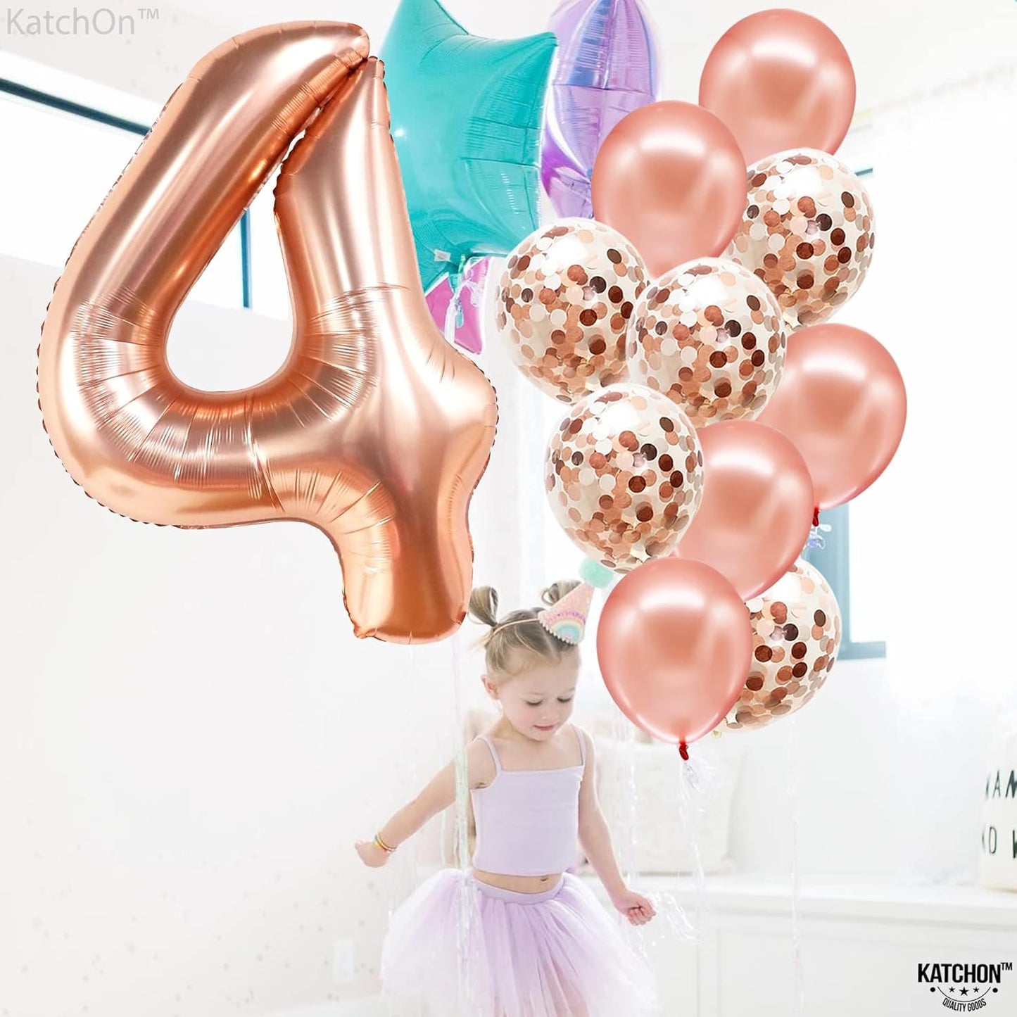 , Big Rose Gold 4 Balloon Number - 40 Inch | Rose Gold Number 4 Balloon for 4Th Birthday Decorations Girl | 4 Year Old Birthday Decorations | 4Th Birthday Girl Decorations | 4 Rose Gold Balloon