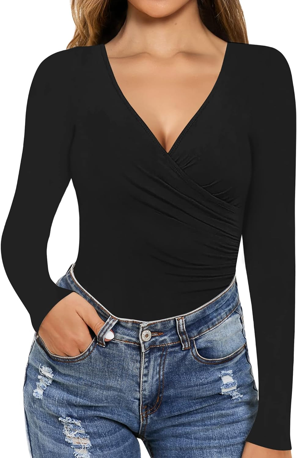 Women'S Cross Wrap Ruched Plunge Deep V Neck Long Sleeve Bodysuits