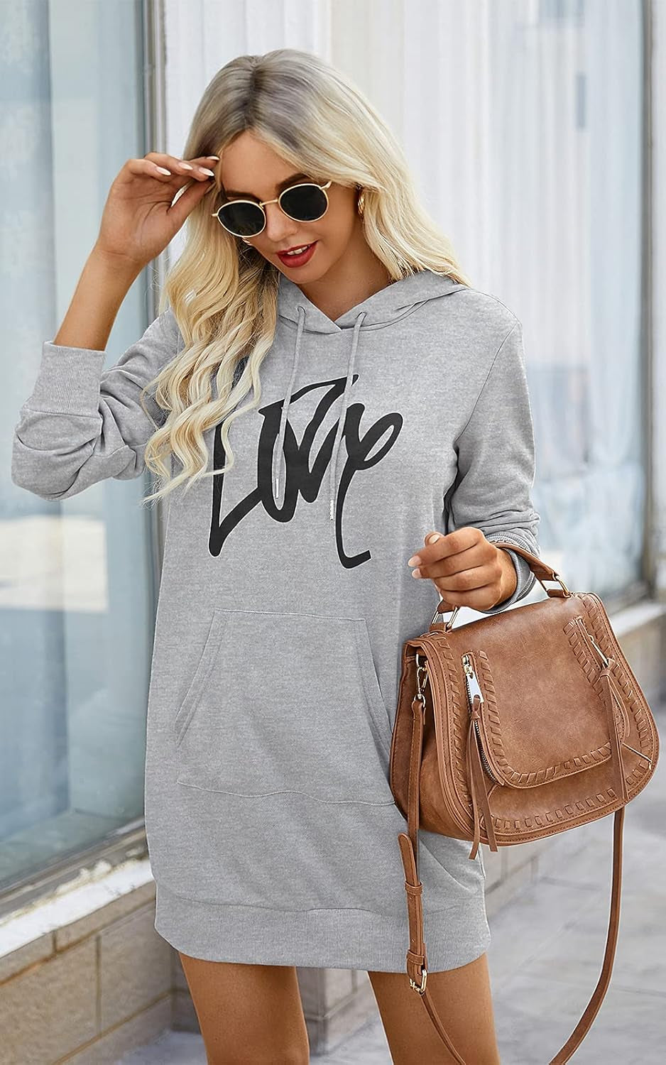 Women'S Hooded Sweatshirt Drawstring Lightweight Long Sleeve Pullover Hoodie Dress