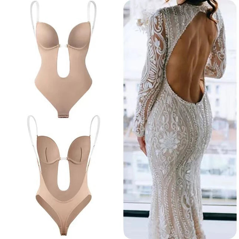 Invisible Shaper Bra Sexy Bodysuit Corset Backless Deep V-Neck U Plunge Thong Waist Trainer Clear Strap Padded Push up Shapewear