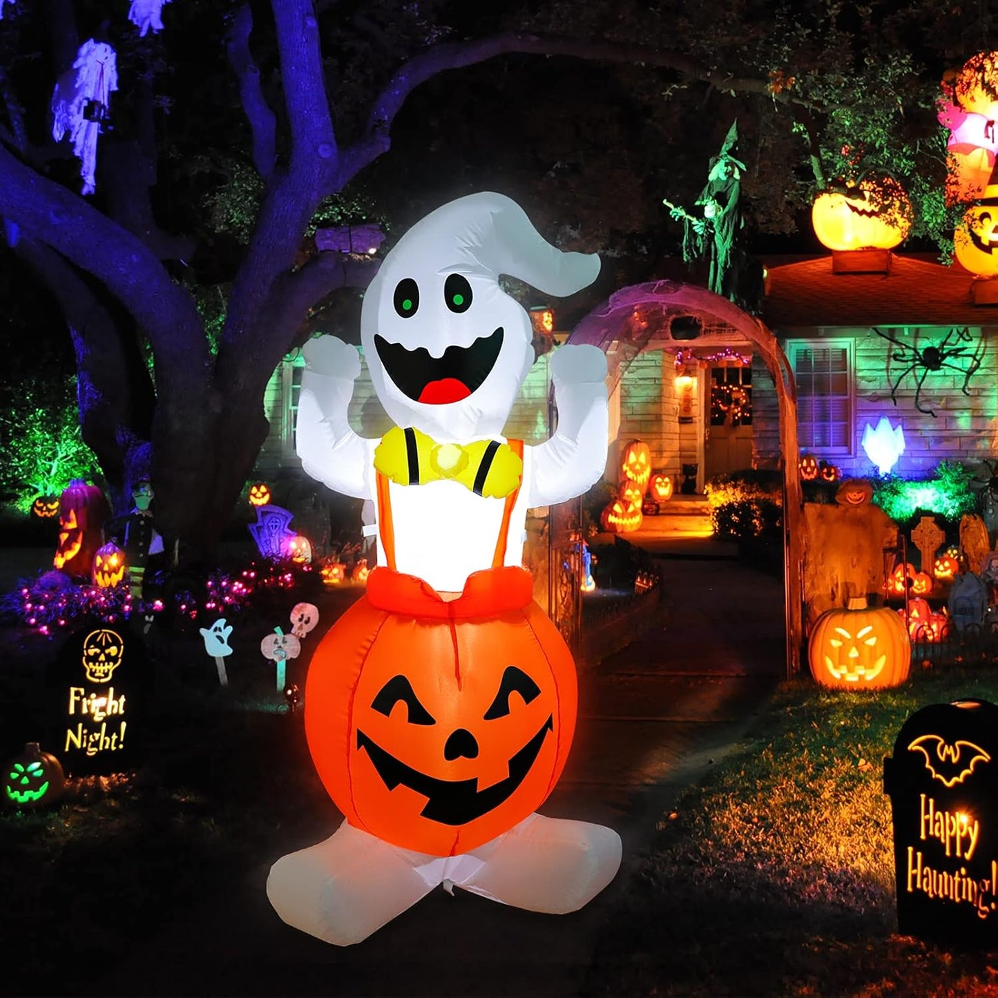 5FT Height Halloween Inflatable Ghost in Pumpkin, Blow up Halloween Decorations with Built-In LED Lights for Indoor/Outdoor Yard Garden Lawn