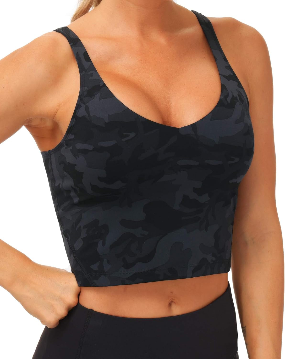 Womens Camo Longline Sports Bra Wirefree Padded Medium Support Yoga Bras Gym Running Workout Tank Tops