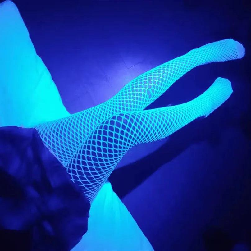 Luminous Blue Sexy Fishnet Stockings One-Pieces Mesh Leggings Tights High Waist Perspective Glow in the Dark Lingerie Socks