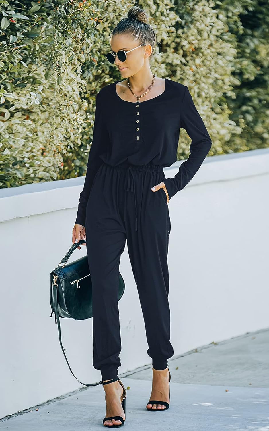 Women'S Casual Long Sleeve Rompers Elastic Waist Button down Beam Foot Romper Jumpsuits with Pockets