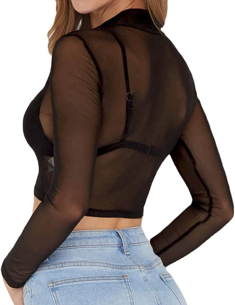 Women'S Short Sleeve Long Sleeve Sheer Mesh Crop Tops Tee Shirt Blouse