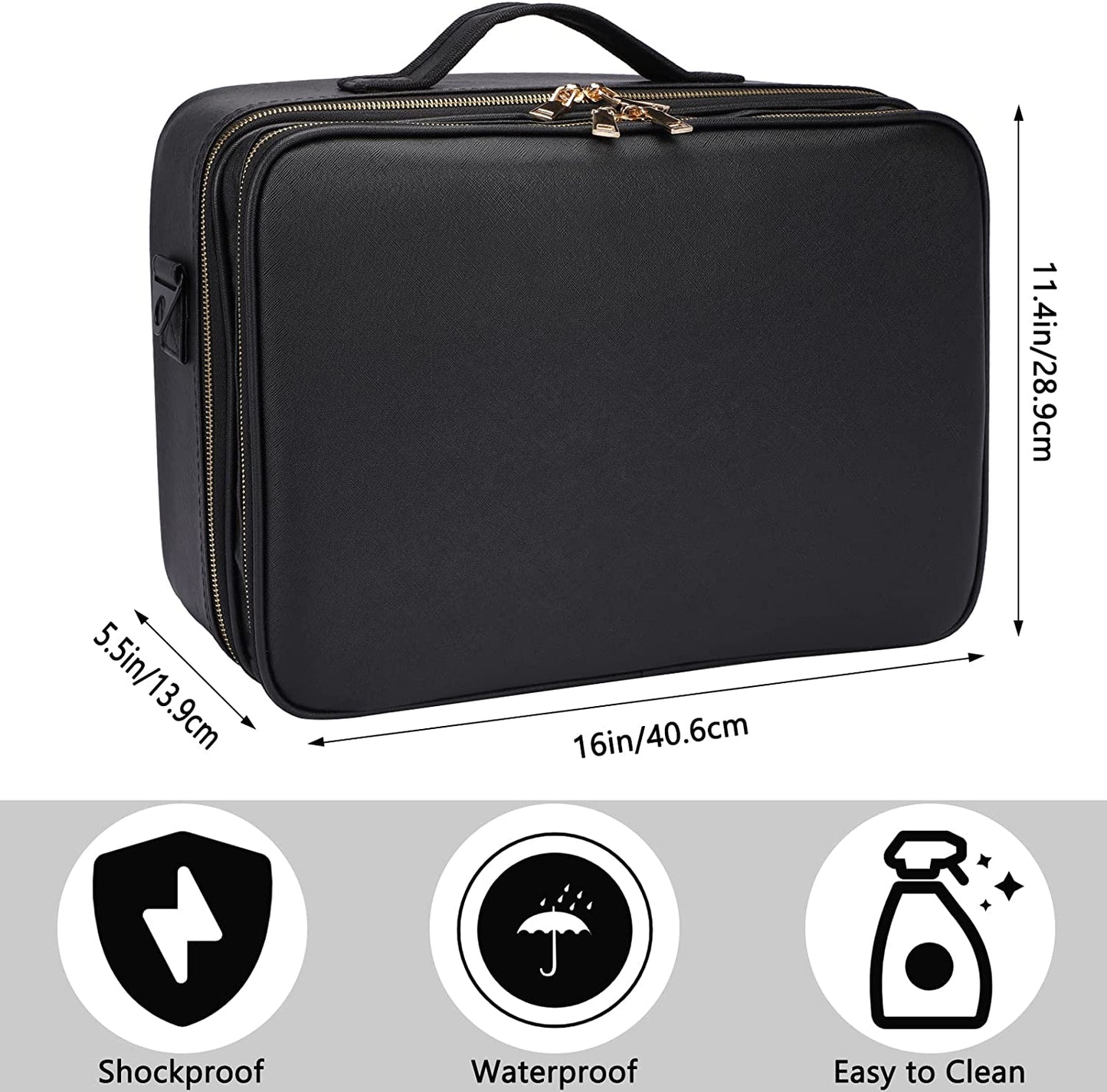 Travel Makeup Train Case PU Leather Professional Makeup Case 16" with Adjustable Strap Portable Cosmetic Organizer Artist Storage Bag for Toiletry Jewelry Digital Accessories (L-Black)