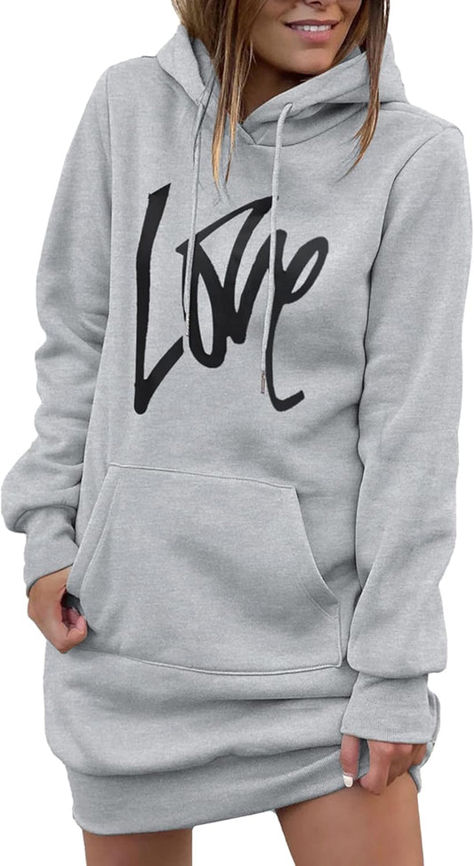 Women'S Hooded Sweatshirt Drawstring Lightweight Long Sleeve Pullover Hoodie Dress