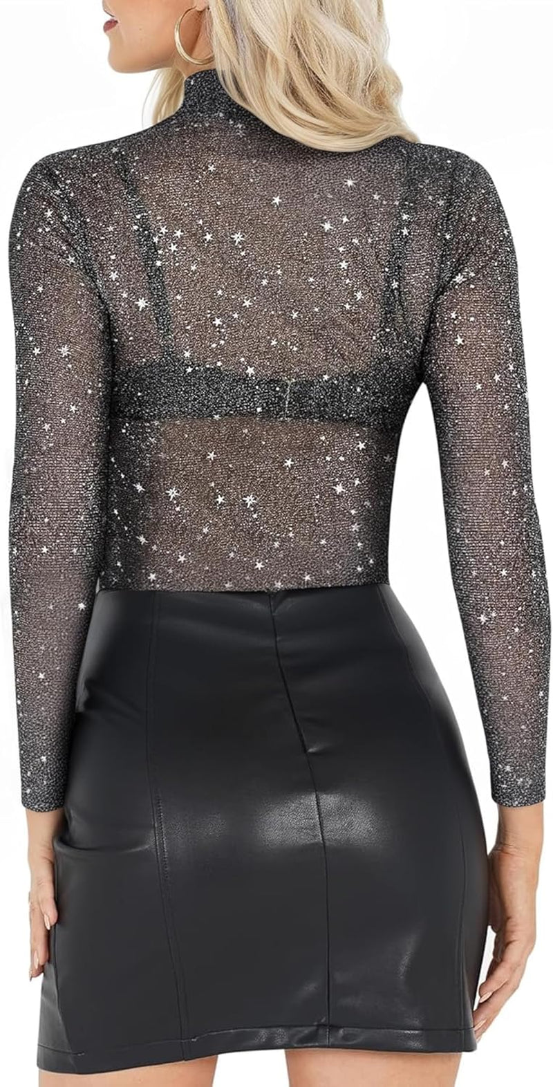 Glitter Sheer Mesh Top Women Short Long Sleeve Sexy Shirt See through Clubwear Tee Slim Blouse