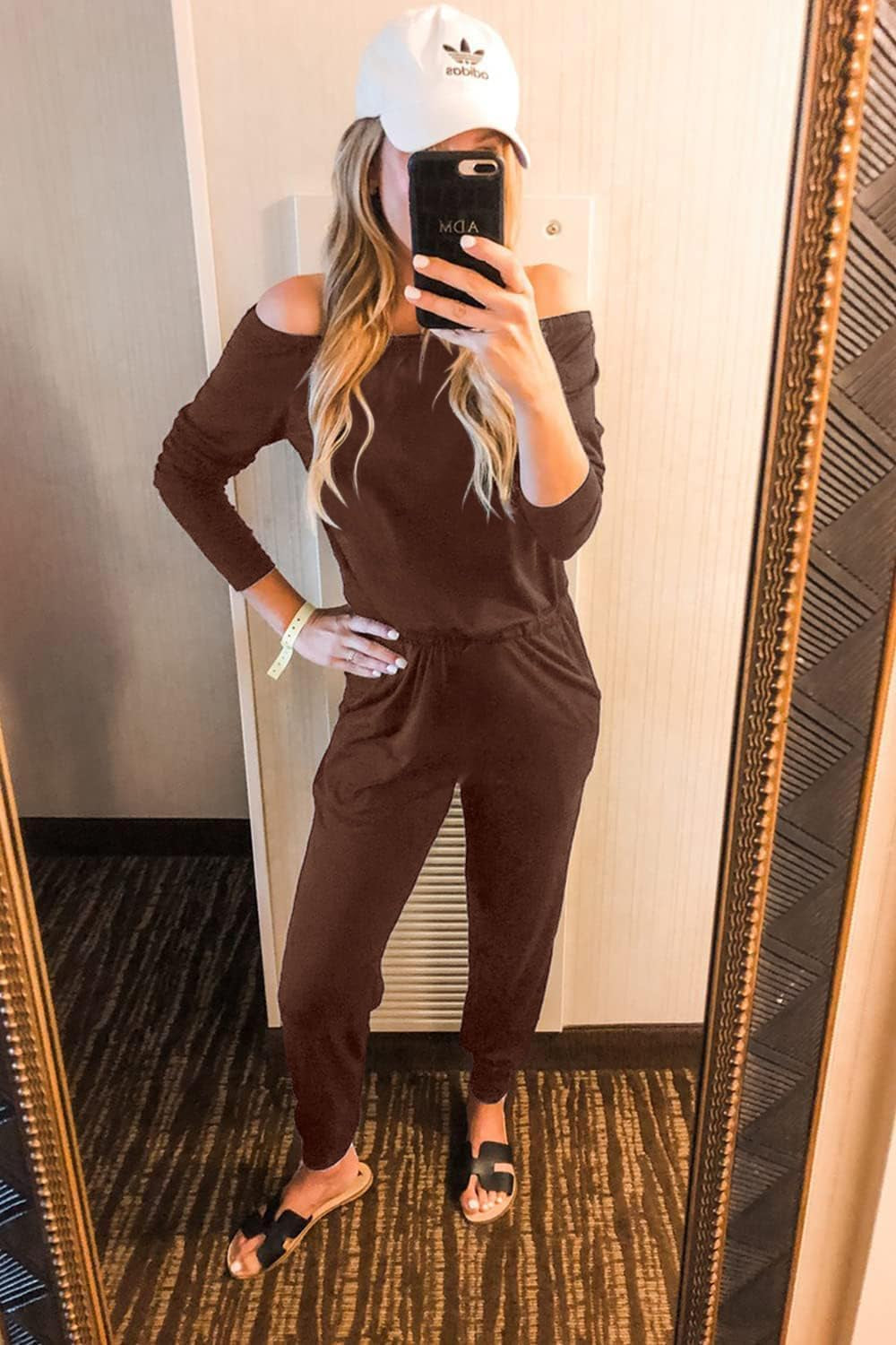 Women'S Casual Long Sleeve Jumpsuit Crewneck One off Shoulder Elastic Waist Stretchy Romper