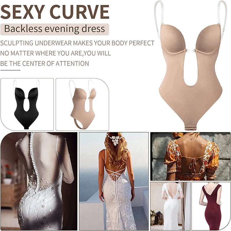 Invisible Shaper Bra Sexy Bodysuit Corset Backless Deep V-Neck U Plunge Thong Waist Trainer Clear Strap Padded Push up Shapewear