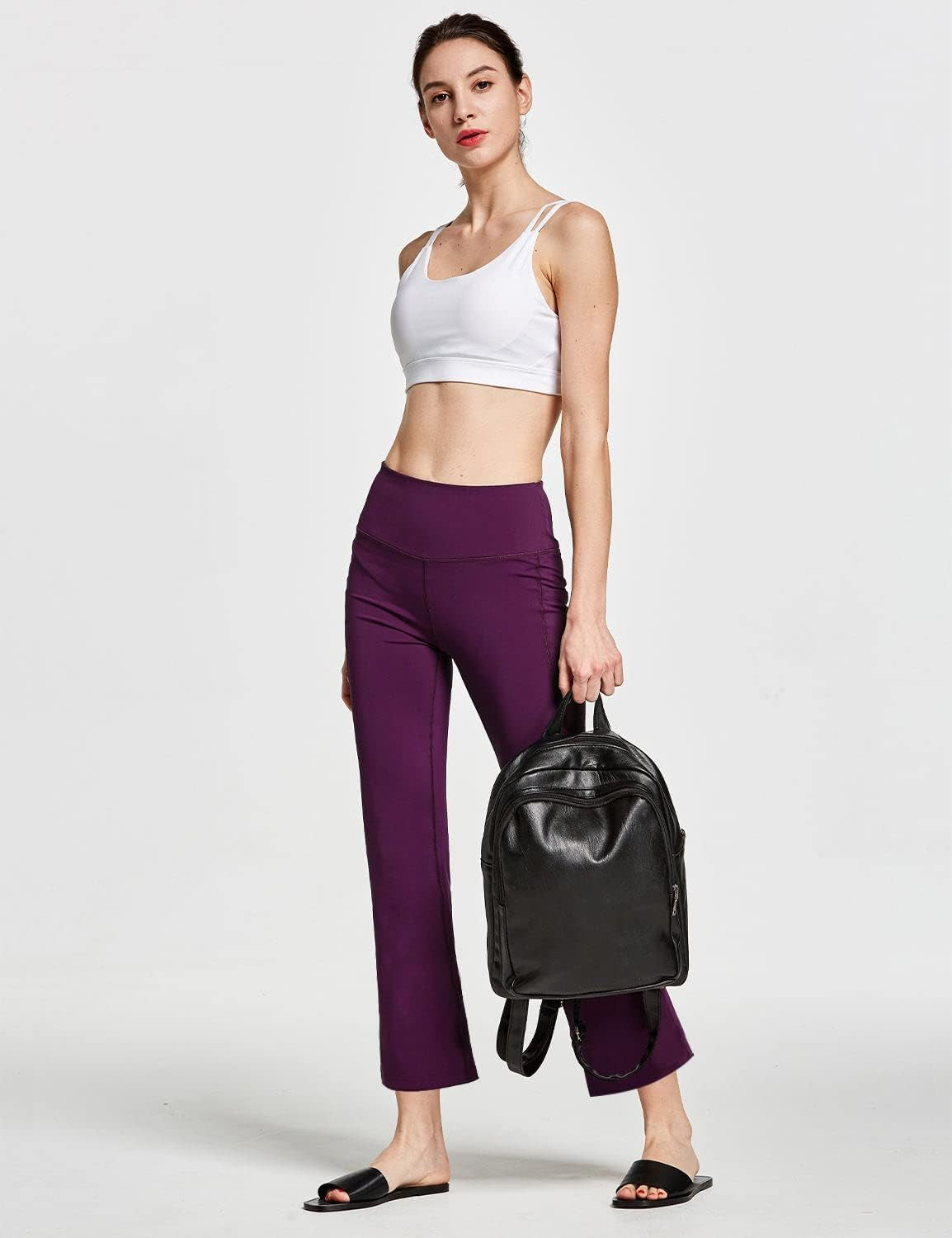 Women'S Flare Yoga Pants with 3 Pockets High Waisted Petite Length Workout Crop Flared Work Pants