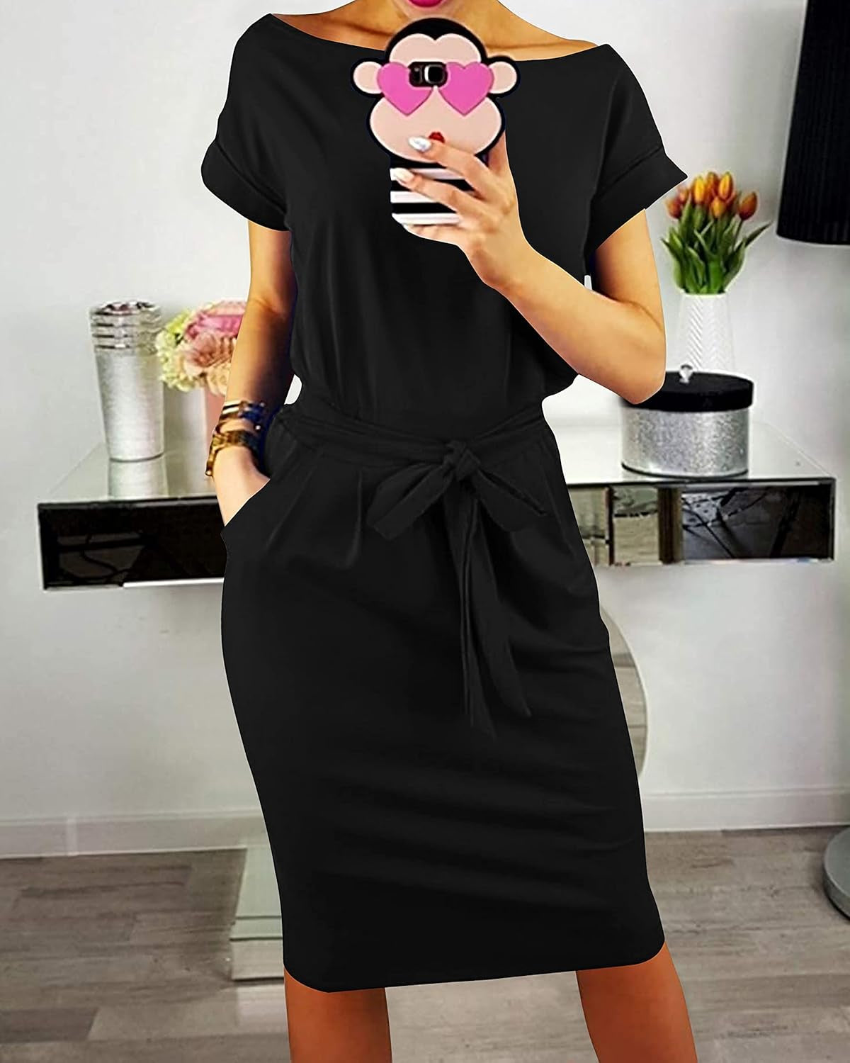 Women'S Summer Short Sleeve Crewneck Striped Dress Basic Solid Tie Waist Office T Shirt Dresses Pockets