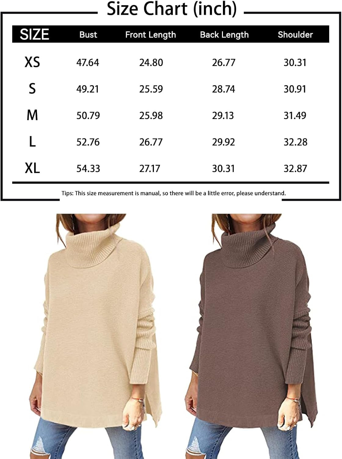 Women'S Turtleneck Oversized Sweaters 2024 Fall Long Batwing Sleeve Spilt Hem Tunic Pullover Sweater Knit Tops