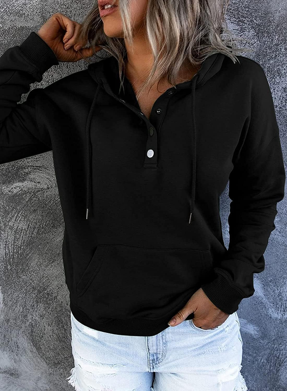 Women'S Button down Hoodies Long Sleeve Casual Drawstring Pullover Sweatshirts with Pockets