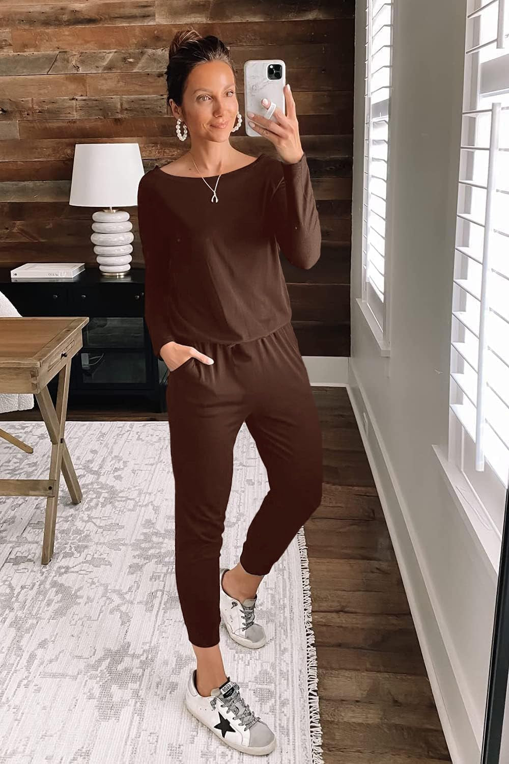 Women'S Casual Long Sleeve Jumpsuit Crewneck One off Shoulder Elastic Waist Stretchy Romper