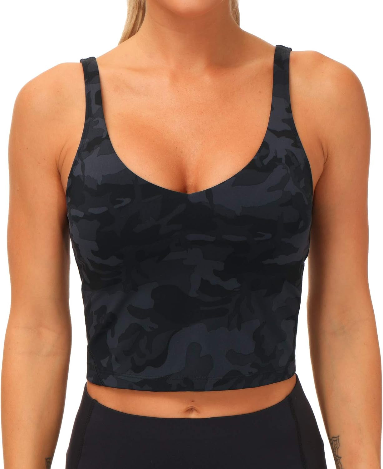 Womens Camo Longline Sports Bra Wirefree Padded Medium Support Yoga Bras Gym Running Workout Tank Tops