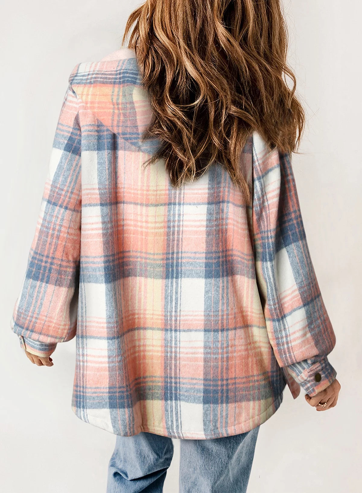 Shacket for Women Casual Plaid Hooded Jacket Long Sleeve Button down Fleece Coat Outerwear Pink L