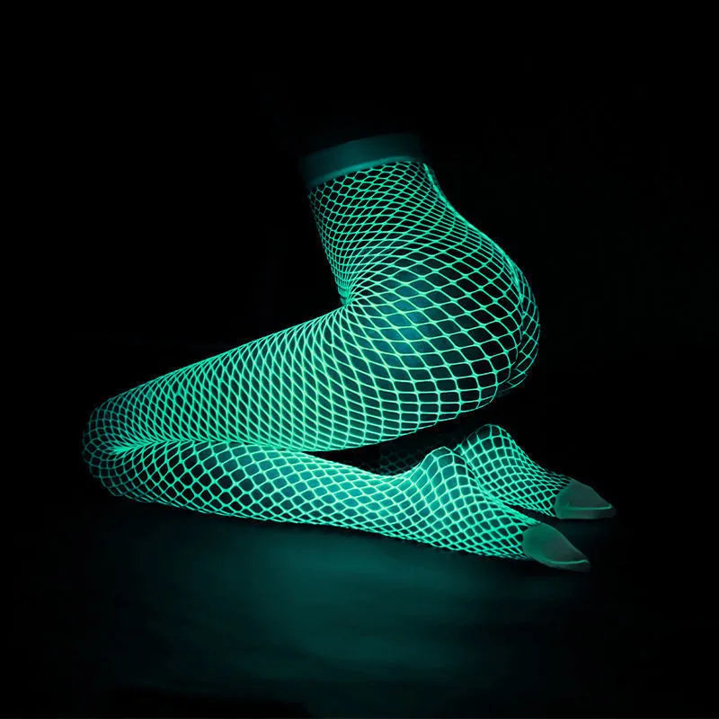 Luminous Blue Sexy Fishnet Stockings One-Pieces Mesh Leggings Tights High Waist Perspective Glow in the Dark Lingerie Socks