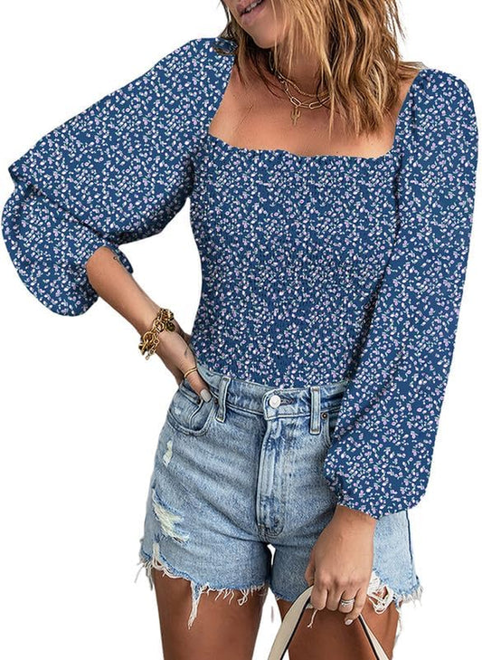 Square Neck Tops Puff Long Sleeve Blouses for Women Dressy Casual Spring Fashion 2024