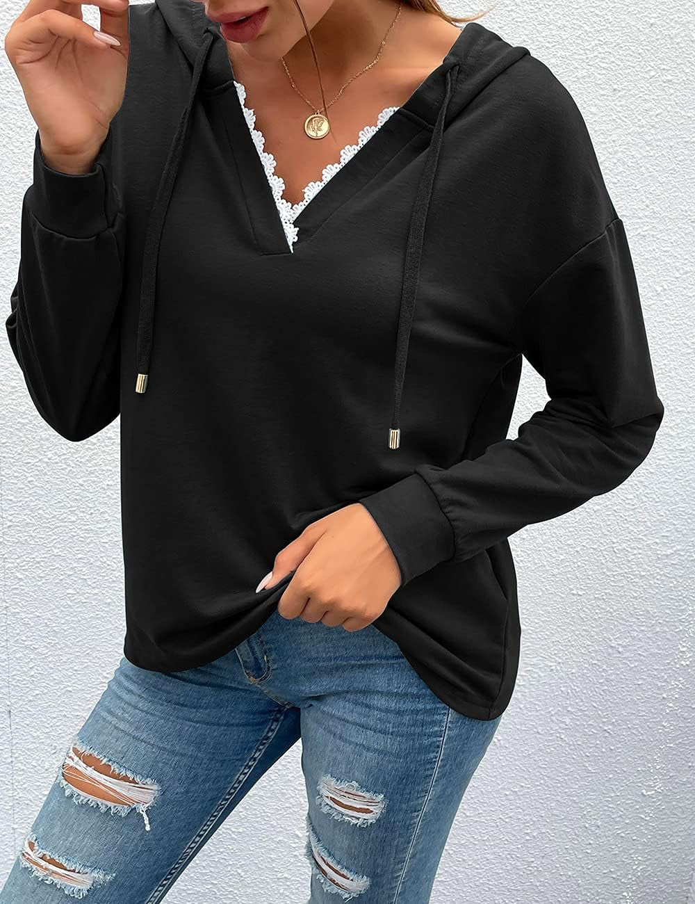 Women Hoodies Tops Long Sleeve Casual Drawstring Lace V Neck Solid Color Pullover Sweatshirts