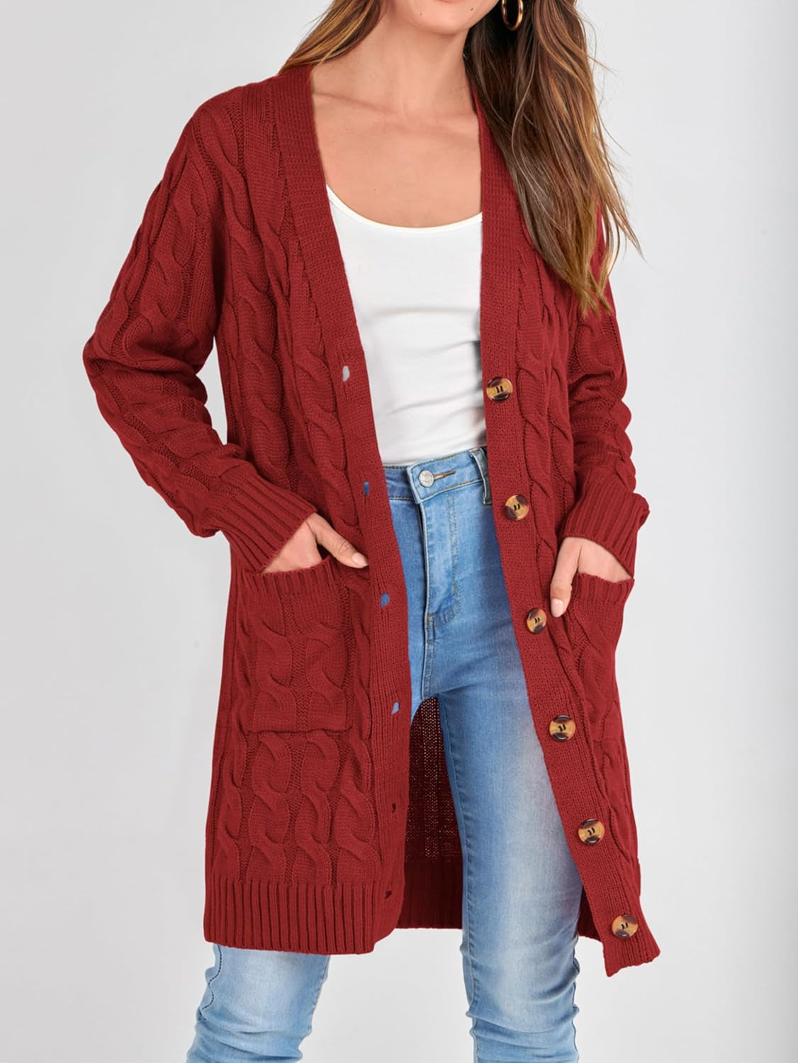 Long Sleeve Cable Knit Long Cardigan for Women 2024 Fall Winter Chunky Open Front Button Sweaters with Pockets