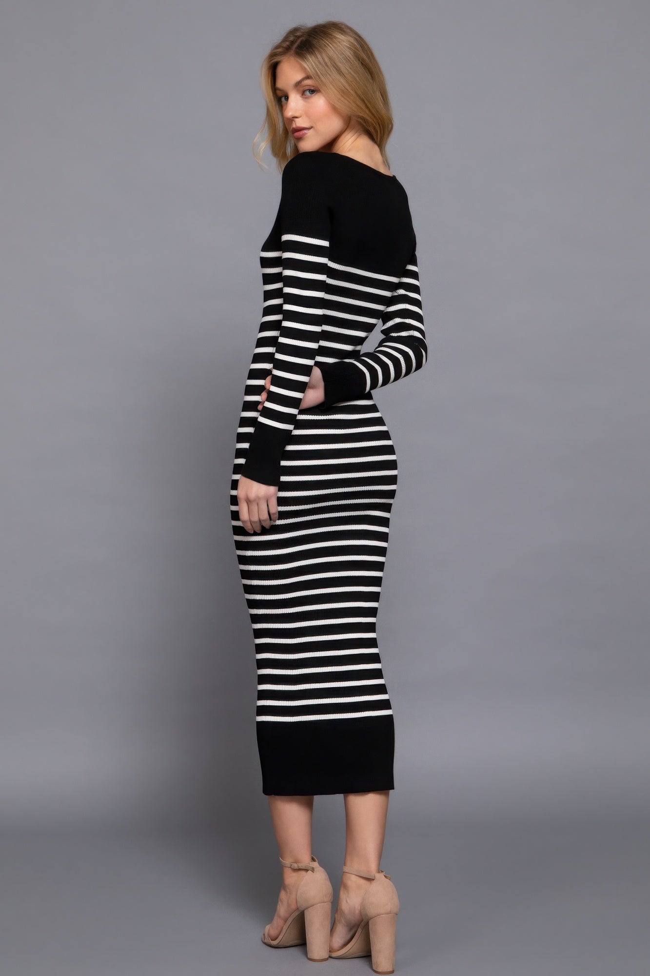 Long Slv Round Neck Stripe Sweater Long Dress