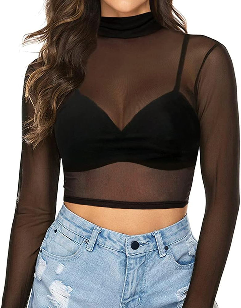 Women'S Short Sleeve Long Sleeve Sheer Mesh Crop Tops Tee Shirt Blouse