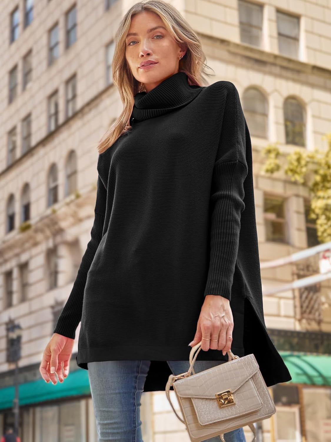 Women'S Turtleneck Oversized Sweaters 2024 Fall Long Batwing Sleeve Spilt Hem Tunic Pullover Sweater Knit Tops