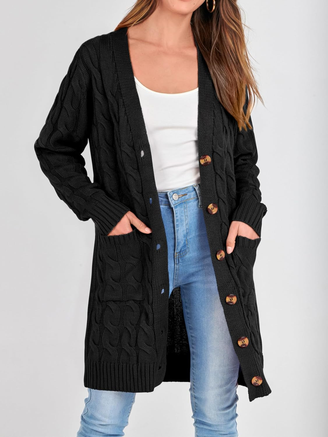 Long Sleeve Cable Knit Long Cardigan for Women 2024 Fall Winter Chunky Open Front Button Sweaters with Pockets