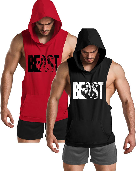 Men'S 2 Pack Workout Muscle Printed Tank Tops Gym Fitness Sleeveless Hoodie Black & Red S