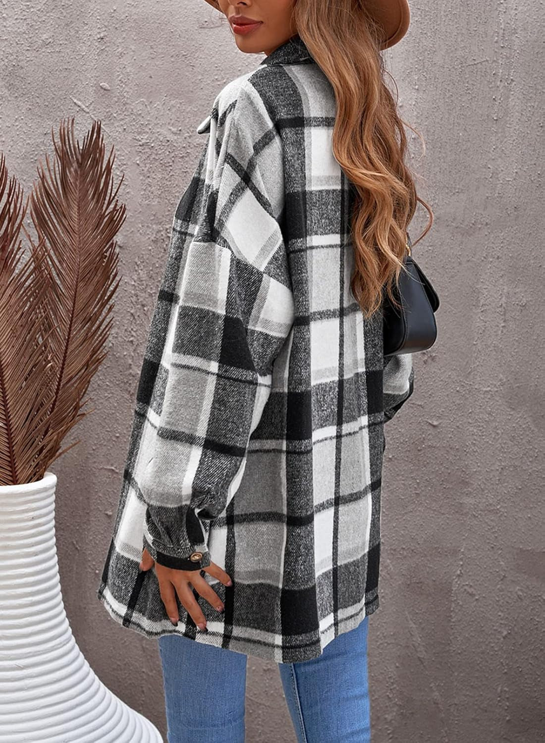 Women'S 2024 Fall Clothes Plaid Shacket Jacket Long Sleeve Button down Flannel Shirts Fashion Blouse