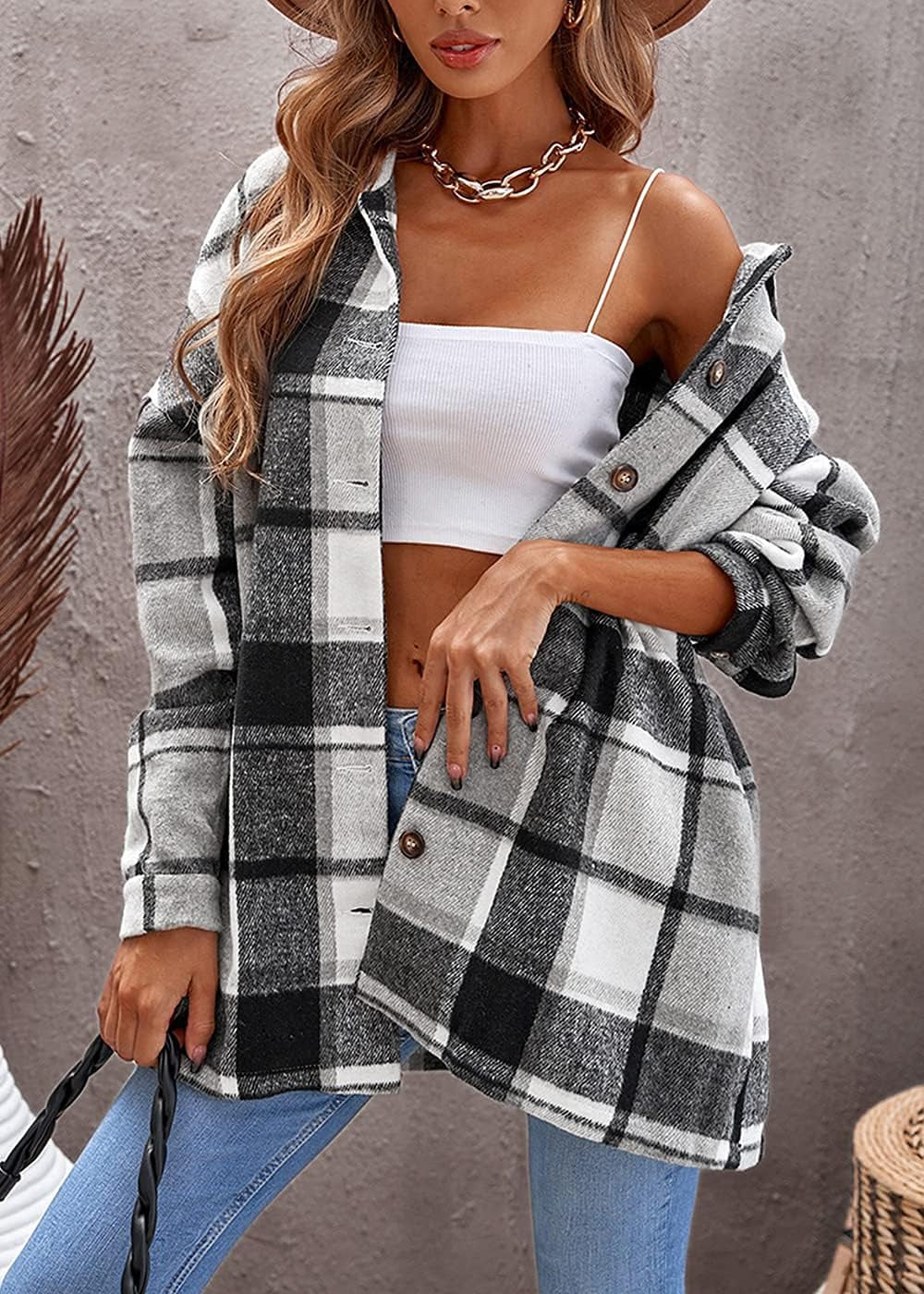 Women'S 2024 Fall Clothes Plaid Shacket Jacket Long Sleeve Button down Flannel Shirts Fashion Blouse