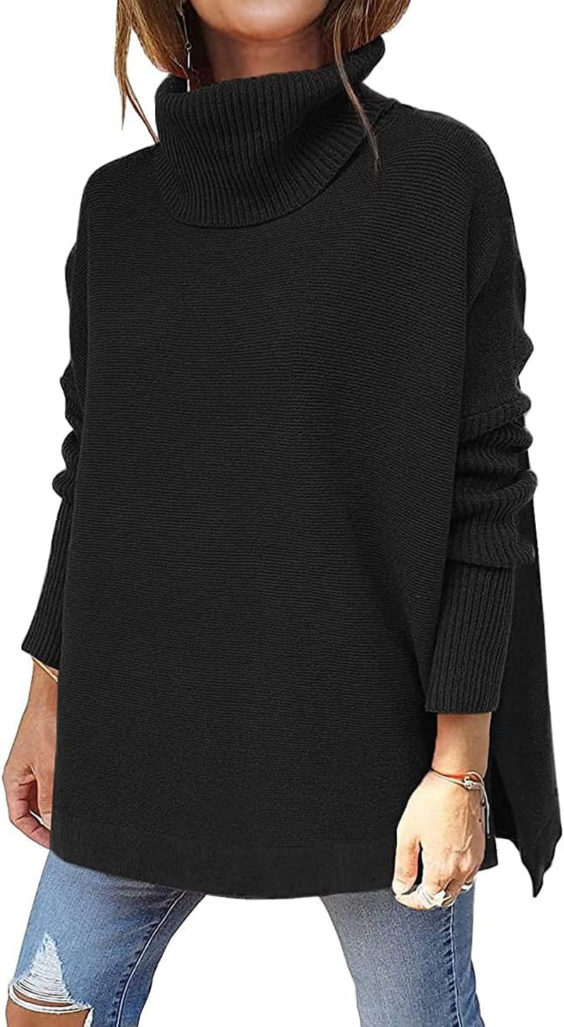 Women'S Turtleneck Oversized Sweaters 2024 Fall Long Batwing Sleeve Spilt Hem Tunic Pullover Sweater Knit Tops