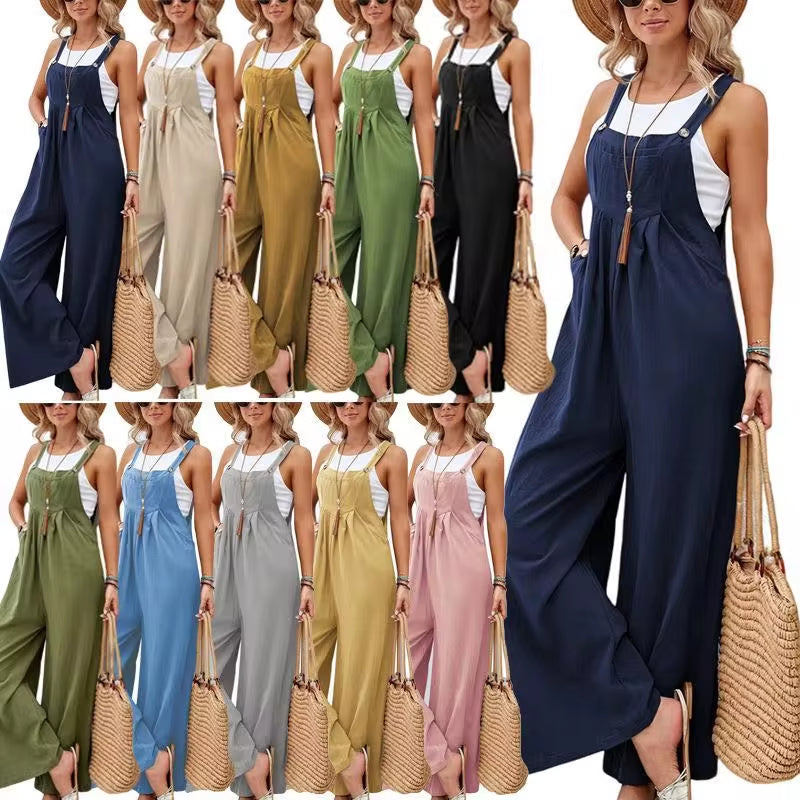 Summer Trendy New Pants Women Cotton Casual Jumpsuit Solid Multi-Color Wide Leg Straight Pants Office Lady'S All-Match Trousers