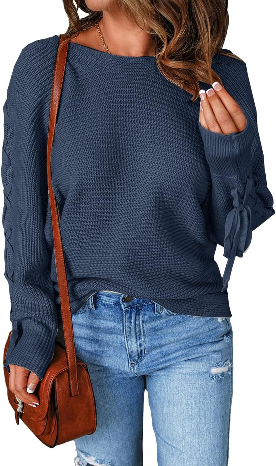 Women'S Casual Knitted Sweater Boat Neck Lace up Long Batwing Sleeve Loose Pullover Jumper Tops