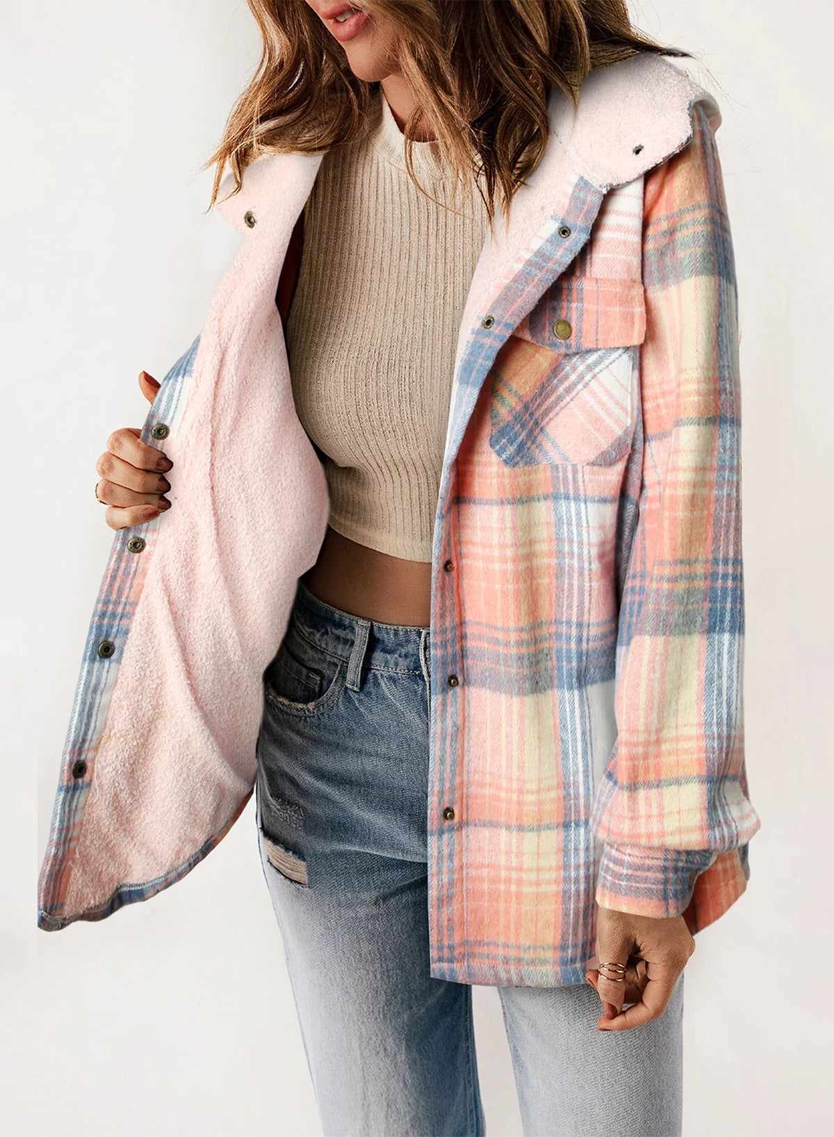 Shacket for Women Casual Plaid Hooded Jacket Long Sleeve Button down Fleece Coat Outerwear Pink L