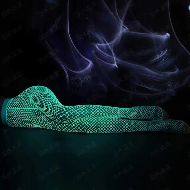 Luminous Blue Sexy Fishnet Stockings One-Pieces Mesh Leggings Tights High Waist Perspective Glow in the Dark Lingerie Socks