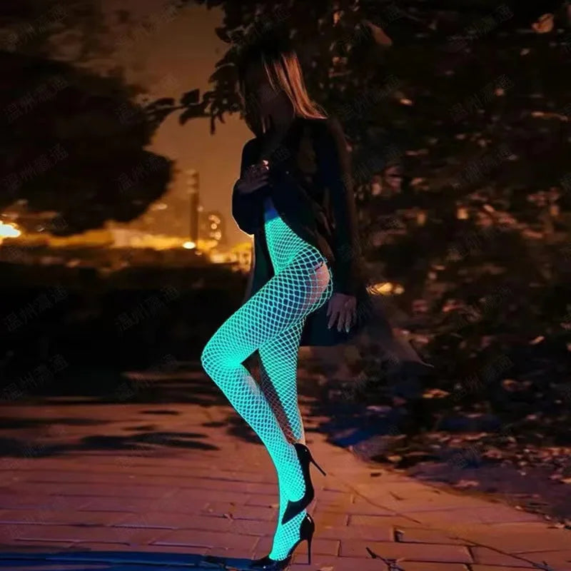 Luminous Blue Sexy Fishnet Stockings One-Pieces Mesh Leggings Tights High Waist Perspective Glow in the Dark Lingerie Socks