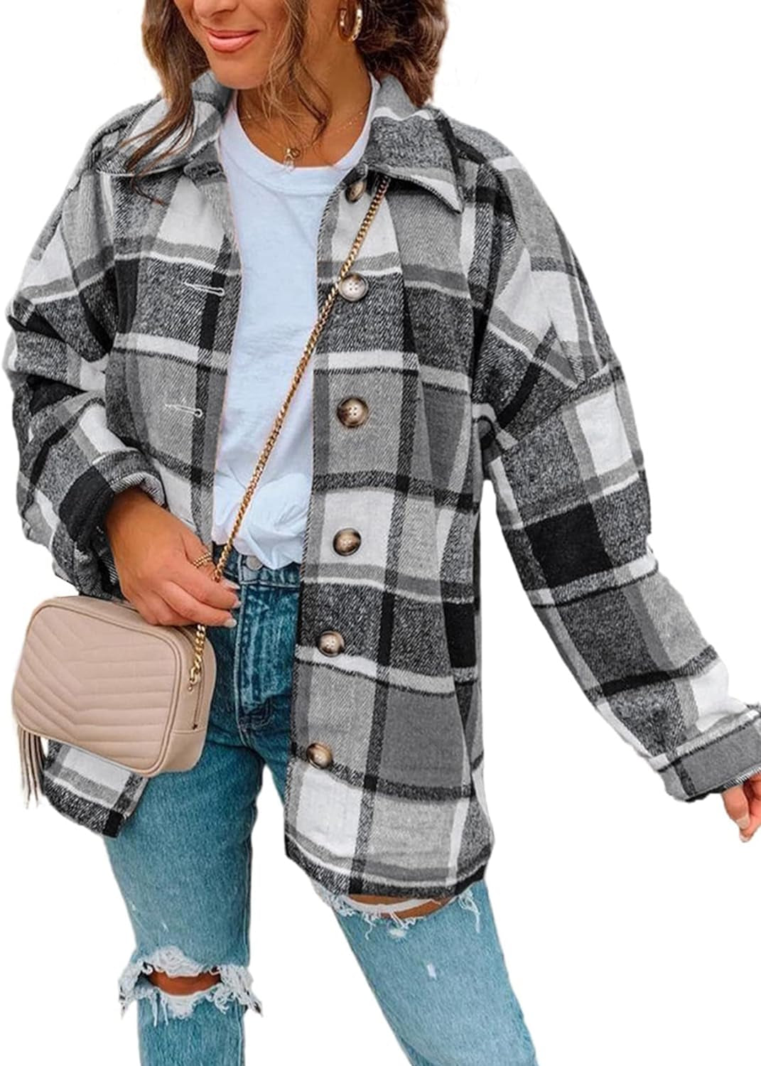 Women'S 2024 Fall Clothes Plaid Shacket Jacket Long Sleeve Button down Flannel Shirts Fashion Blouse