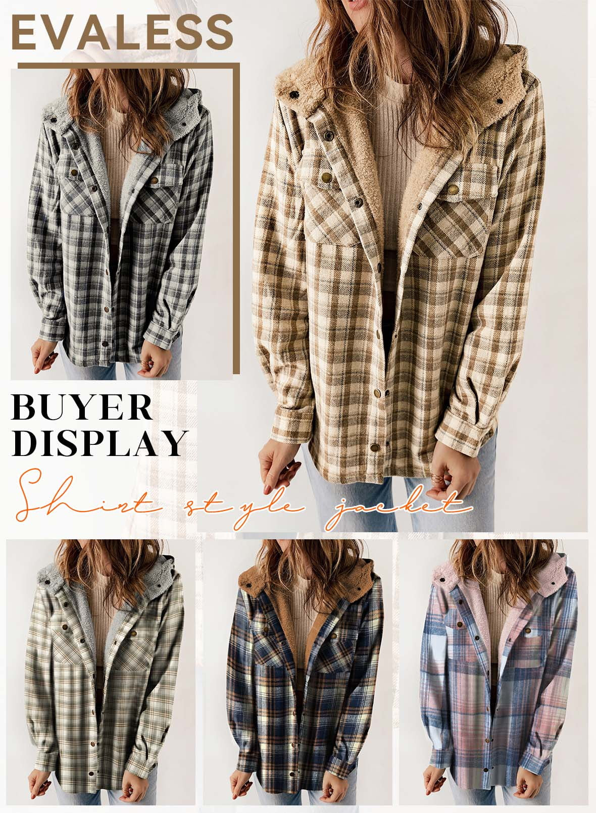 Shacket for Women Casual Plaid Hooded Jacket Long Sleeve Button down Fleece Coat Outerwear Pink L