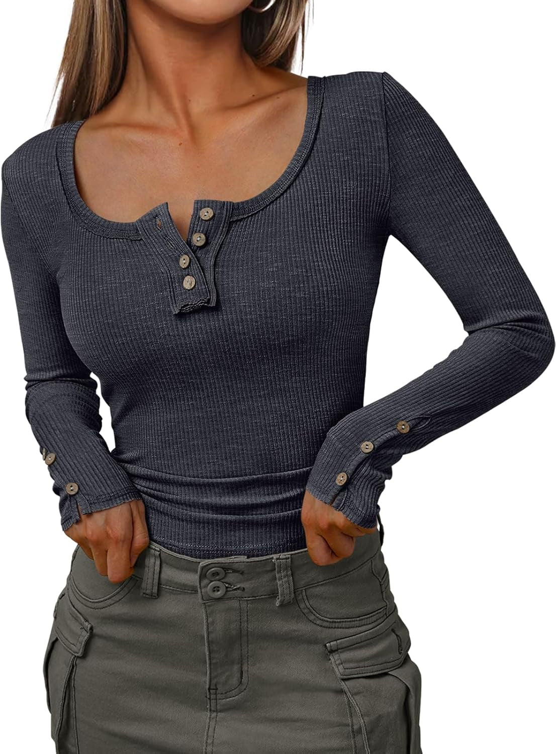 Women'S Long Sleeve Shirts Casual Fall Henley Top Button down Blouses Basic Ribbed Knit T Shirts 2024