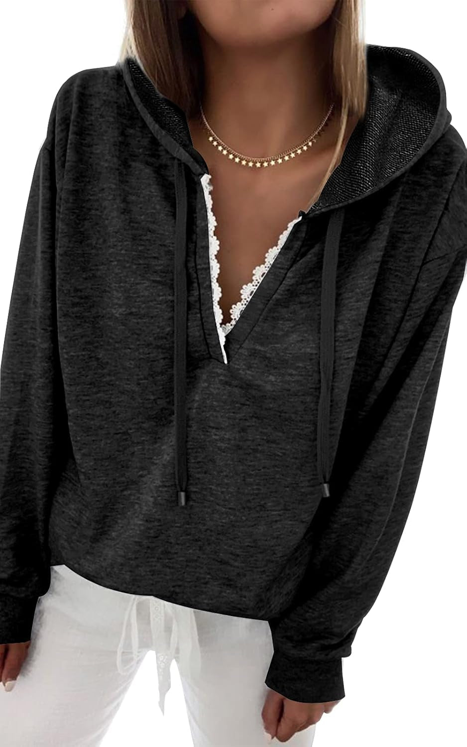 Women Hoodies Tops Long Sleeve Casual Drawstring Lace V Neck Solid Color Pullover Sweatshirts