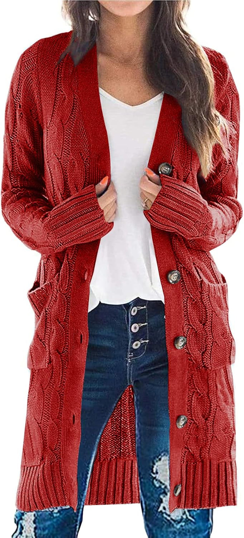 Long Sleeve Cable Knit Long Cardigan for Women 2024 Fall Winter Chunky Open Front Button Sweaters with Pockets