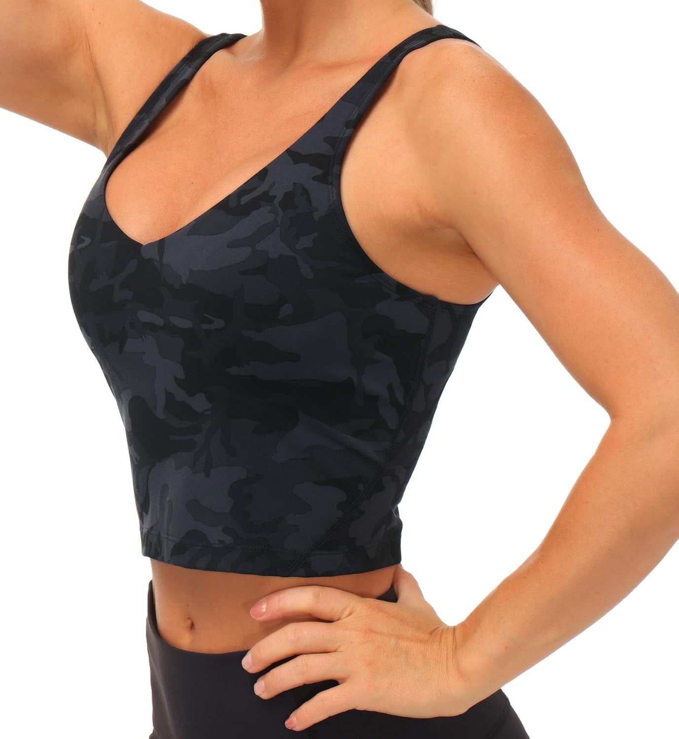 Womens Camo Longline Sports Bra Wirefree Padded Medium Support Yoga Bras Gym Running Workout Tank Tops